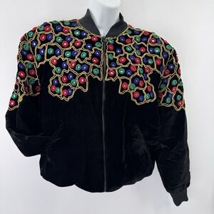 VTG Bomber Jacket Sz S Velvet Mirrors/Sequin Avant Garde Artsy Glam Dopamine